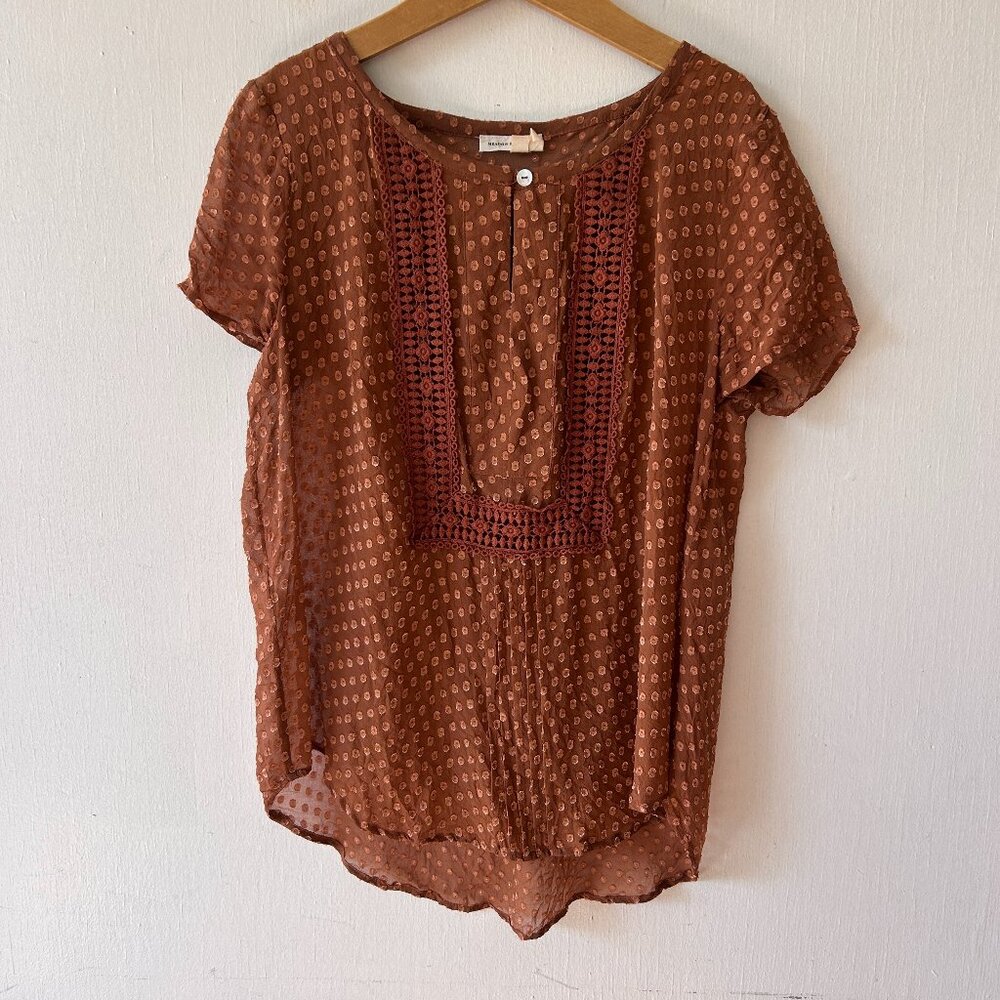 Meadow Rue Silk Blend Blouse Womens Small Brown Sheer Keyhole Neck Minimalist